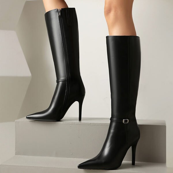 Pointed Side Zipper Imitation Leather Buckle Style High-Heeled Boots for Women Fashionable Black Slim High-Heeled Boots - 图片 6
