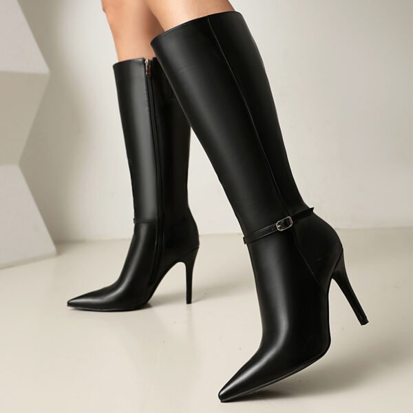 Pointed Side Zipper Imitation Leather Buckle Style High-Heeled Boots for Women Fashionable Black Slim High-Heeled Boots - 图片 2