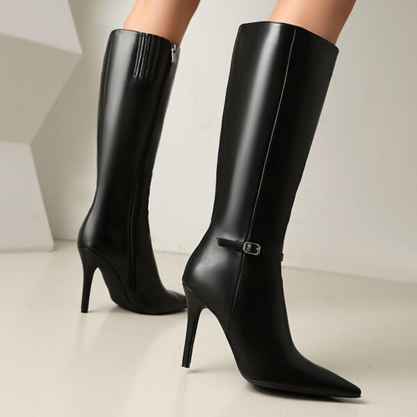 Pointed Side Zipper Imitation Leather Buckle Style High-Heeled Boots for Women Fashionable Black Slim High-Heeled Boots - 图片 9