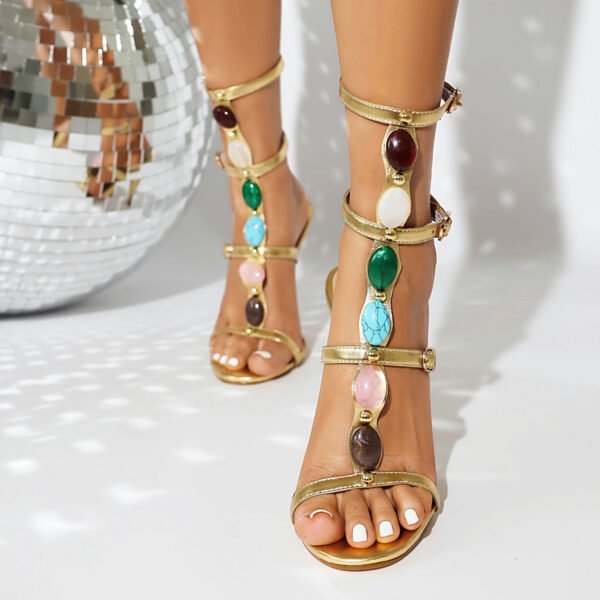 Ladies' Lace Up High-Heeled Sandals Colorful Decorative Buttons High Tops Suitable Summer Party Sandals - 图片 5