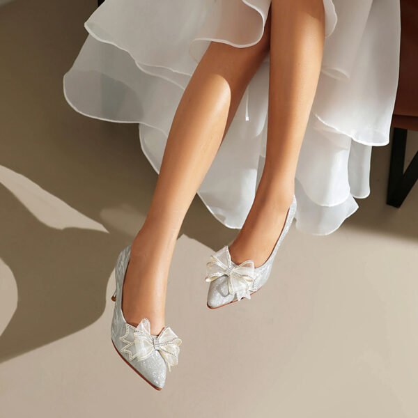 Elegant Ladies' Bow Tie High-Heeled Shoes Pointed Toes Suitable All Seasons Wearing Synthetic Shoes - 图片 2