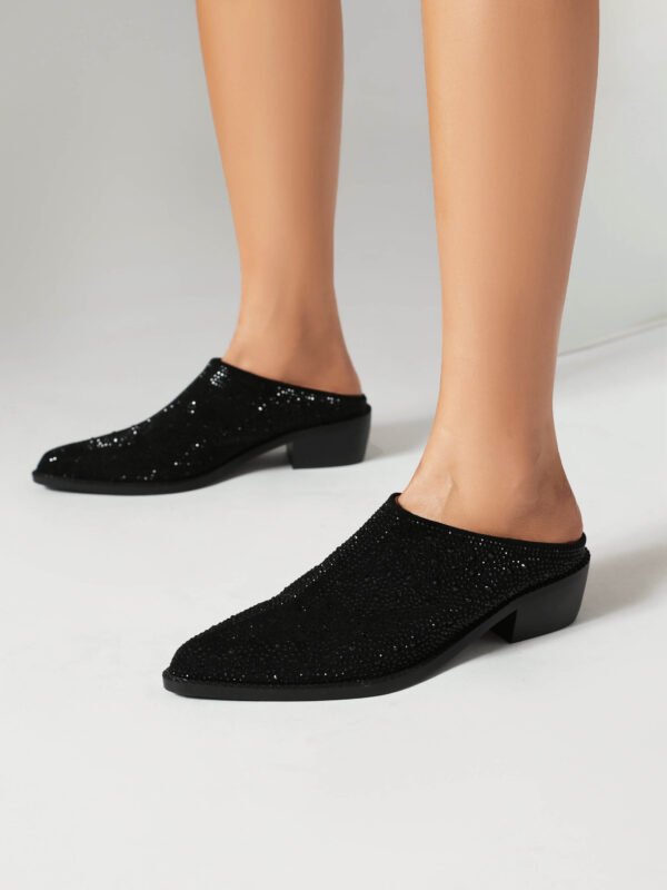 Ladies' Fashionable Rhinestone Pointed Slippers Trendy Thick Heels All Seasons Slipers - 图片 2