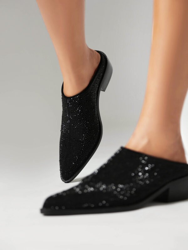 Ladies' Fashionable Rhinestone Pointed Slippers Trendy Thick Heels All Seasons Slipers - 图片 3