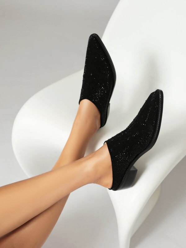 Ladies' Fashionable Rhinestone Pointed Slippers Trendy Thick Heels All Seasons Slipers - 图片 4