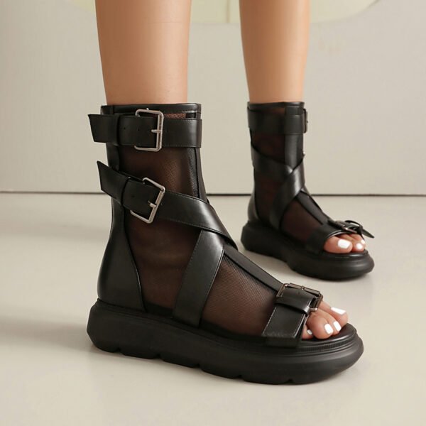 Ladies' Fashionable Open Toed Sandals Buckle Design Mesh Flat Shoes - 图片 7