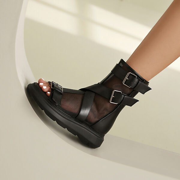 Ladies' Fashionable Open Toed Sandals Buckle Design Mesh Flat Shoes - 图片 3