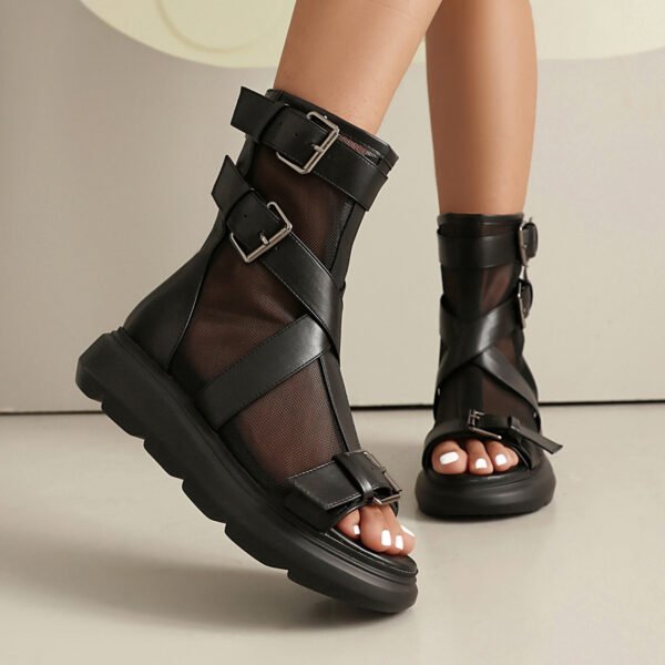 Ladies' Fashionable Open Toed Sandals Buckle Design Mesh Flat Shoes - 图片 2