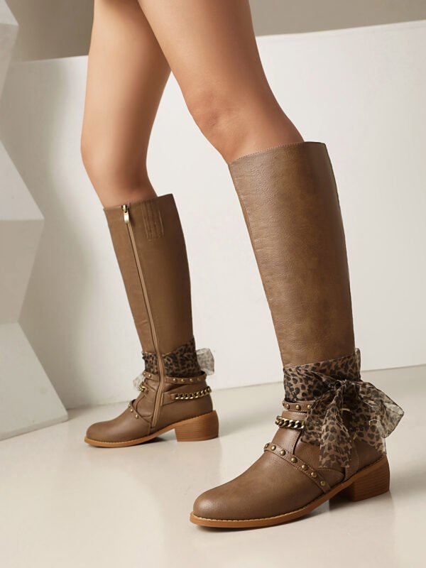 Brown Women's Knee High Boots Zipper Closure Round Toe Mid Heel Suede Suede Fabric Lining PU Leather Sole Solid Color - 图片 6