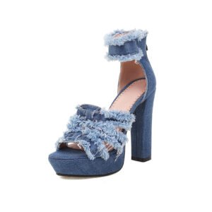 Women's Denim Thick Soled High Heels Fashionable Open Toed Ankle Strap Back Zipper Sandals Versatile Formal High Heels
