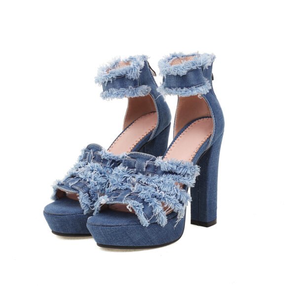 Women's Denim Thick Soled High Heels Fashionable Open Toed Ankle Strap Back Zipper Sandals Versatile Formal High Heels - 图片 7