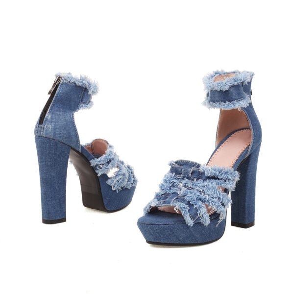 Women's Denim Thick Soled High Heels Fashionable Open Toed Ankle Strap Back Zipper Sandals Versatile Formal High Heels - 图片 5
