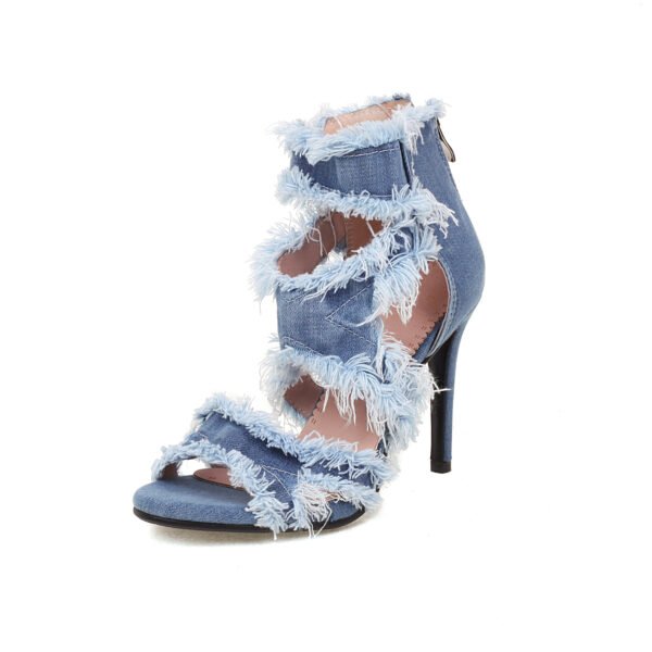 Women's Denim Slim High-Heeled Sandals Cross Shoulder Straps Exposed Toes Hollowed Out High Heels Back Zipper Design Sandals