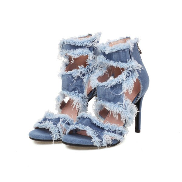 Women's Denim Slim High-Heeled Sandals Cross Shoulder Straps Exposed Toes Hollowed Out High Heels Back Zipper Design Sandals - 图片 8