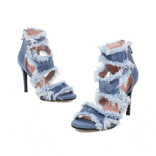 Women's Denim Slim High-Heeled Sandals Cross Shoulder Straps Exposed Toes Hollowed Out High Heels Back Zipper Design Sandals - 图片 7
