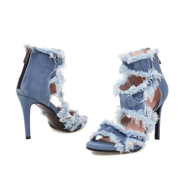 Women's Denim Slim High-Heeled Sandals Cross Shoulder Straps Exposed Toes Hollowed Out High Heels Back Zipper Design Sandals - 图片 6
