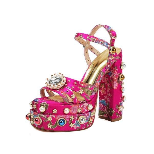 Women's Retro Printed Thick Soled Sandals Ankle Buckle Artificial Pearl Decoration Thick Heels Elegant Party Banquet Shoes Exposed Heels