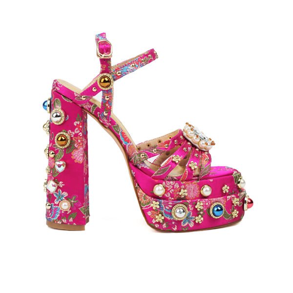 Women's Retro Printed Thick Soled Sandals Ankle Buckle Artificial Pearl Decoration Thick Heels Elegant Party Banquet Shoes Exposed Heels - 图片 7
