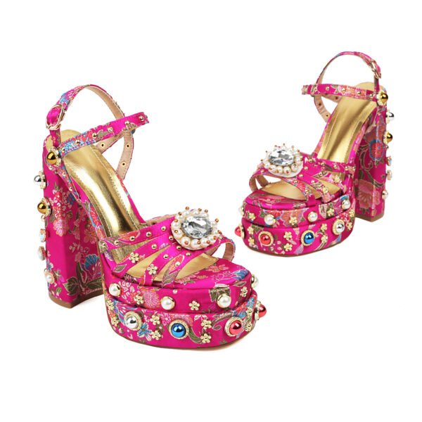 Women's Retro Printed Thick Soled Sandals Ankle Buckle Artificial Pearl Decoration Thick Heels Elegant Party Banquet Shoes Exposed Heels - 图片 6