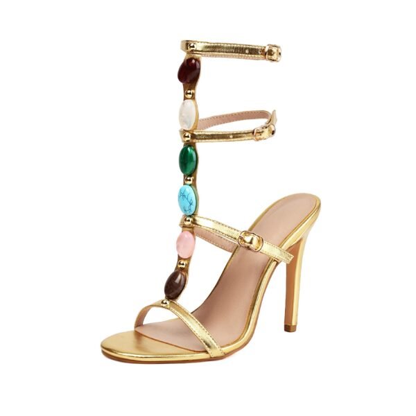 Ladies' Lace Up High-Heeled Sandals Colorful Decorative Buttons High Tops Suitable Summer Party Sandals