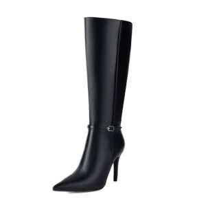 Pointed Side Zipper Imitation Leather Buckle Style High-Heeled Boots for Women Fashionable Black Slim High-Heeled Boots