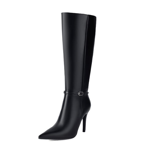 Pointed Side Zipper Imitation Leather Buckle Style High-Heeled Boots for Women Fashionable Black Slim High-Heeled Boots