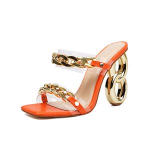 Ladies' Solid Color Elegant Sandals Slip On Transparent Strap Thick High Heels Metal Chain Summer Party Sandals