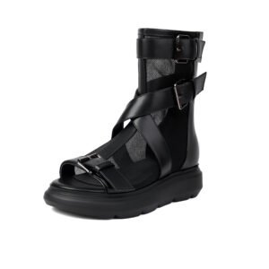 Ladies' Fashionable Open Toed Sandals Buckle Design Mesh Flat Shoes