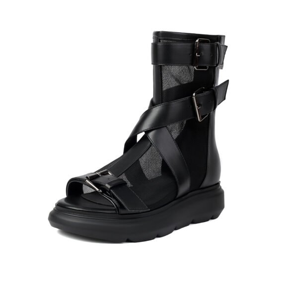 Ladies' Fashionable Open Toed Sandals Buckle Design Mesh Flat Shoes