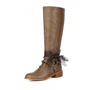 Brown Women's Knee High Boots Zipper Closure Round Toe Mid Heel Suede Suede Fabric Lining PU Leather Sole Solid Color