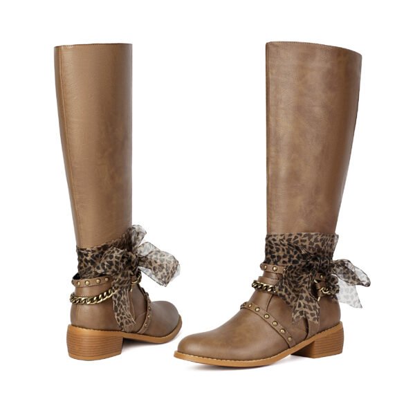 Brown Women's Knee High Boots Zipper Closure Round Toe Mid Heel Suede Suede Fabric Lining PU Leather Sole Solid Color - 图片 2