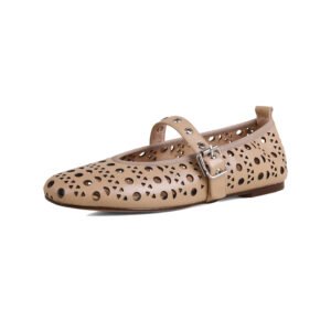 Ladies' Solid Color Fashionable Flat Shoes Ankle Buckle Hollow Ballet Shoes Breathable Square Toe Formal Shoes