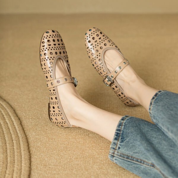 Ladies' Solid Color Fashionable Flat Shoes Ankle Buckle Hollow Ballet Shoes Breathable Square Toe Formal Shoes - 图片 6