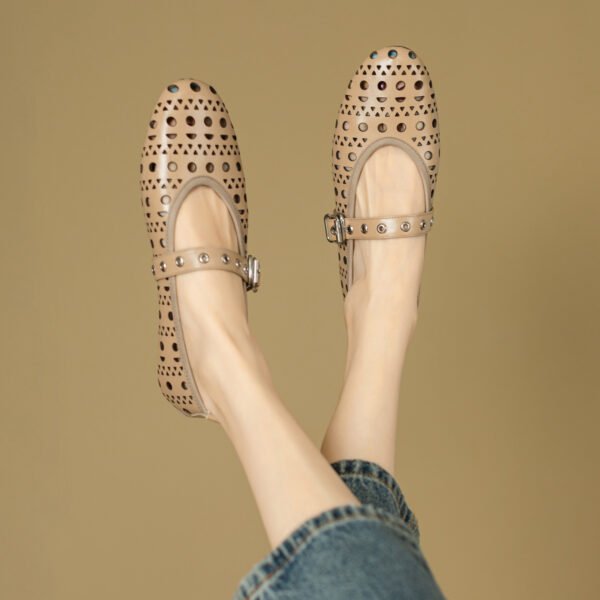 Ladies' Solid Color Fashionable Flat Shoes Ankle Buckle Hollow Ballet Shoes Breathable Square Toe Formal Shoes - 图片 5