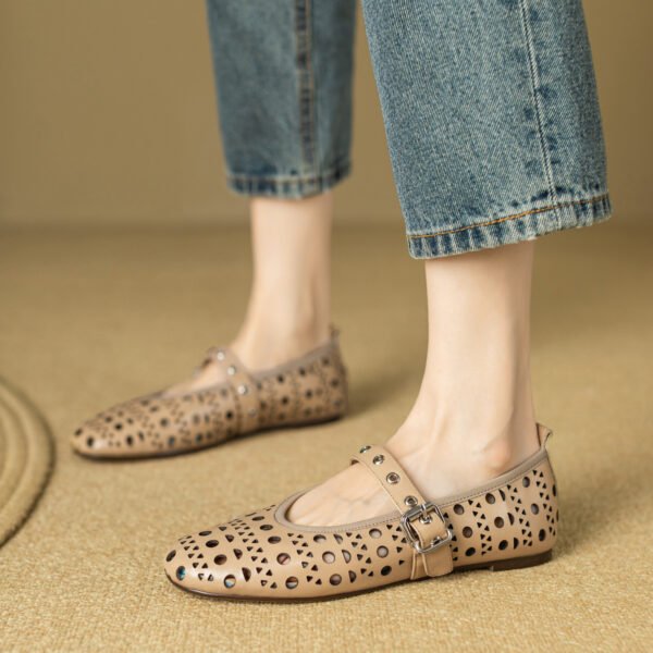 Ladies' Solid Color Fashionable Flat Shoes Ankle Buckle Hollow Ballet Shoes Breathable Square Toe Formal Shoes - 图片 4