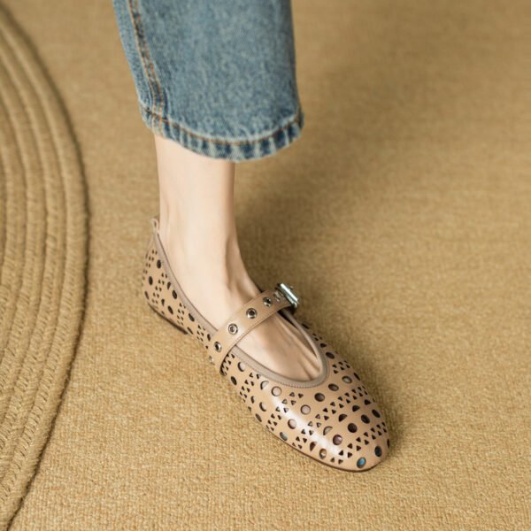 Ladies' Solid Color Fashionable Flat Shoes Ankle Buckle Hollow Ballet Shoes Breathable Square Toe Formal Shoes - 图片 3