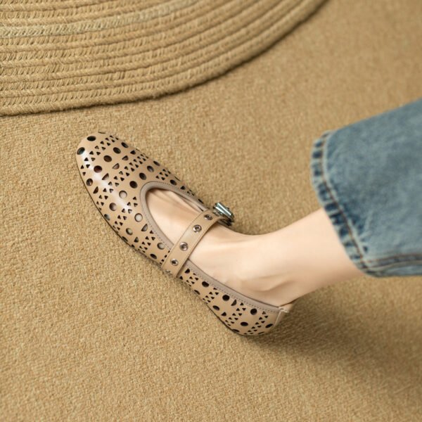 Ladies' Solid Color Fashionable Flat Shoes Ankle Buckle Hollow Ballet Shoes Breathable Square Toe Formal Shoes - 图片 2