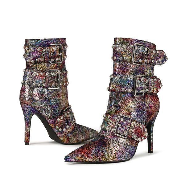 Ladies' Fashion Serpentine Pattern Short Boots Shining Water Diamond Fine High Heels Pointed High Heels Short Boots - 图片 7
