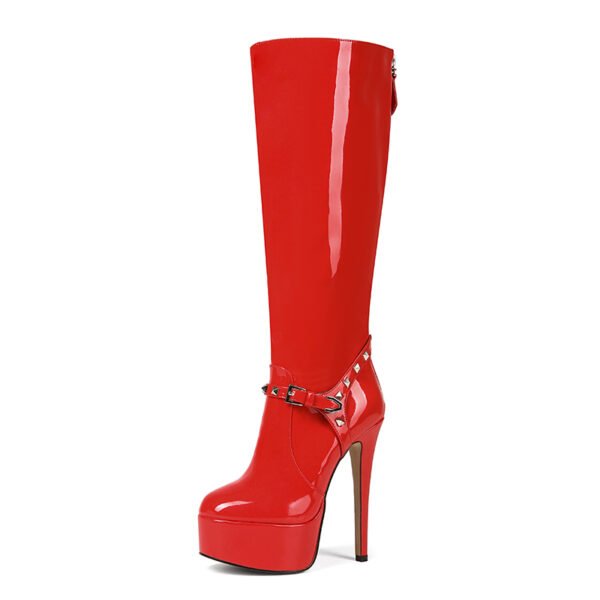 Ladies' Fashionable Red Rivet High Heels Super High Heels Faux Leather Fabric Round Toe Side Zipper Closure Boots