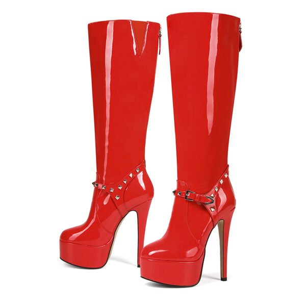 Ladies' Fashionable Red Rivet High Heels Super High Heels Faux Leather Fabric Round Toe Side Zipper Closure Boots - 图片 3