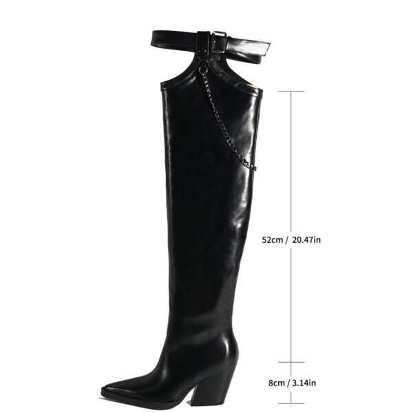 Elegant Benchmark Fashionable Women's Knee High Boots Chain Pointed Thick Heel Imitation Leather Side Zipper Winter Boots - 图片 4