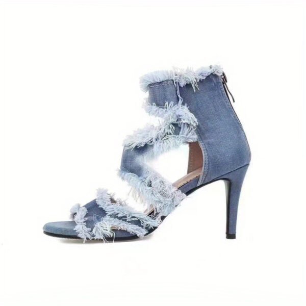 Women's Denim Slim High-Heeled Sandals Cross Shoulder Straps Exposed Toes Hollowed Out High Heels Back Zipper Design Sandals - 图片 10